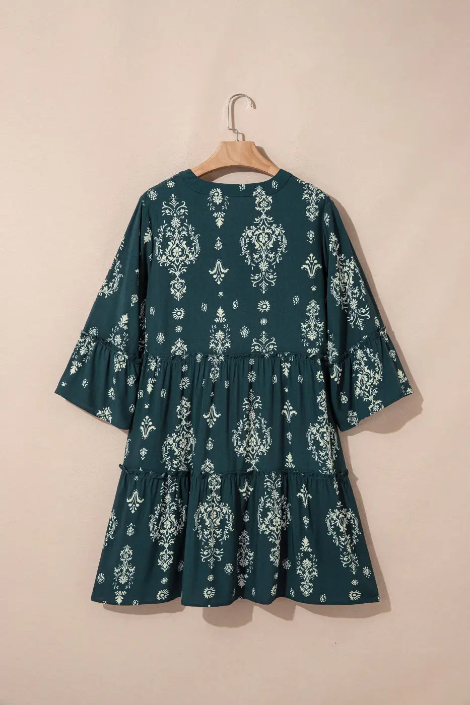 Blue boho floral print mini dress women | v-neck 3/4 sleeve resort