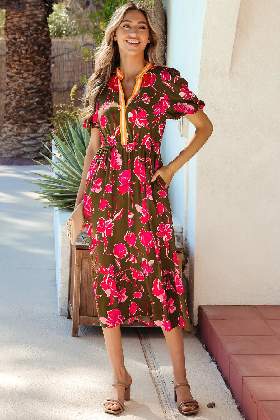 Green Floral Striped Trim Split Neck Puff Sleeve Maxi Dress Women UK — side view