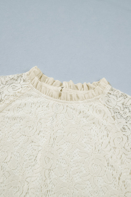 Sheer Lace Floral Round Neck Ruffle Trim Cuff Sleeve Loose Blouse