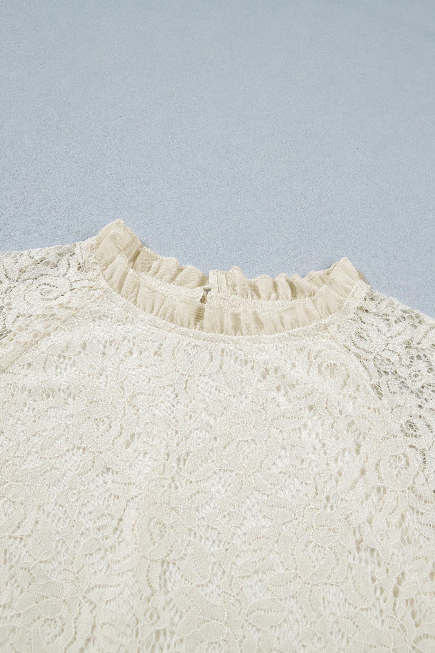 Sheer Lace Floral Round Neck Ruffle Trim Cuff Sleeve Loose Blouse