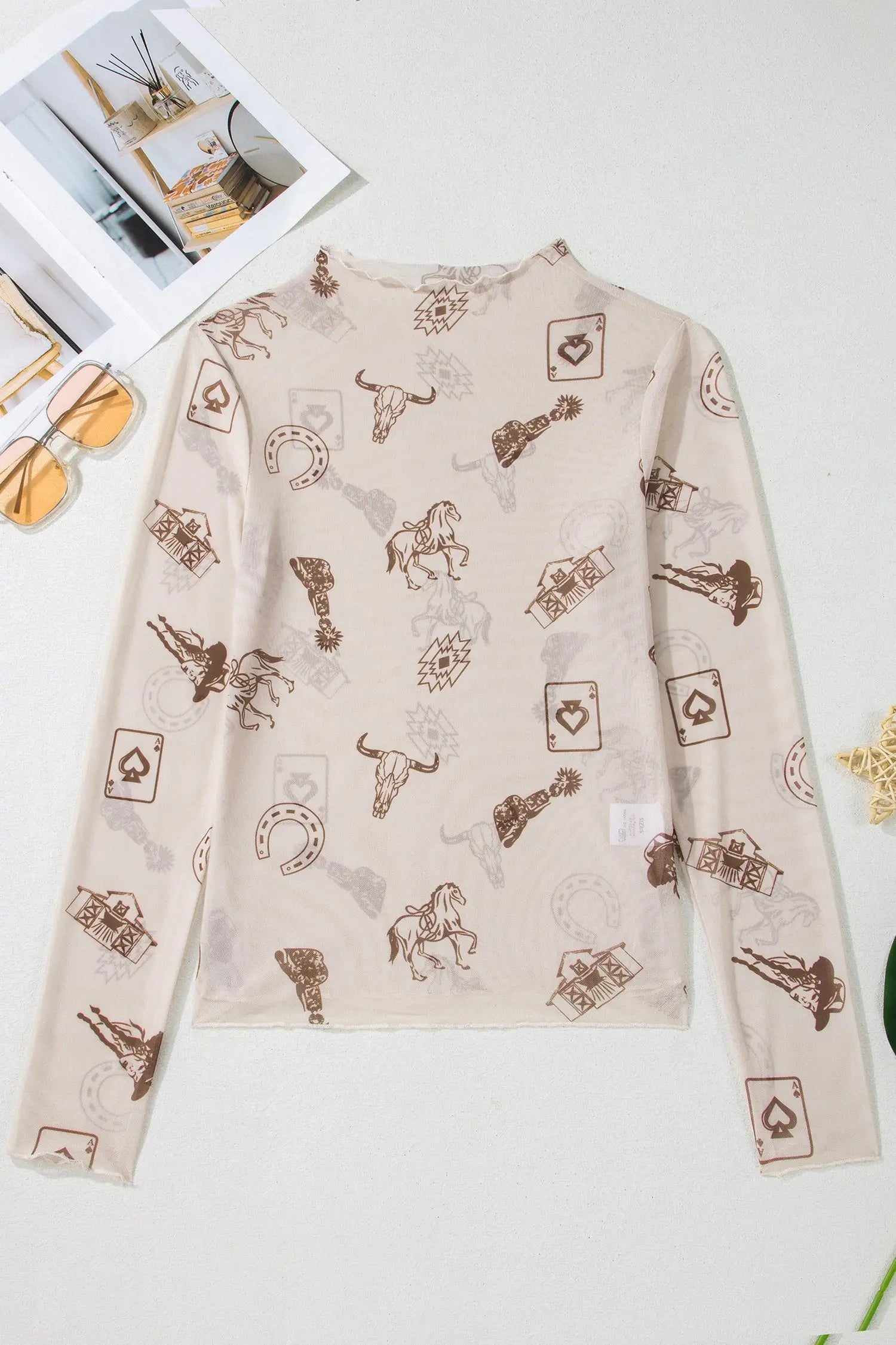 Oatmeal western print slim mesh mock neck top