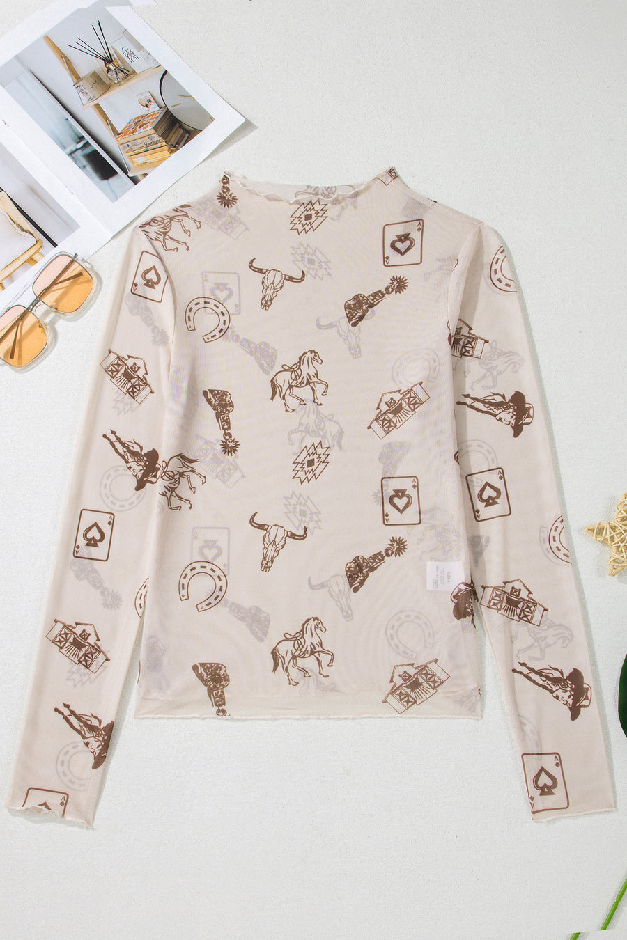 Western Print Mesh Mock Neck Slim Top Long Sleeve High Stretch
