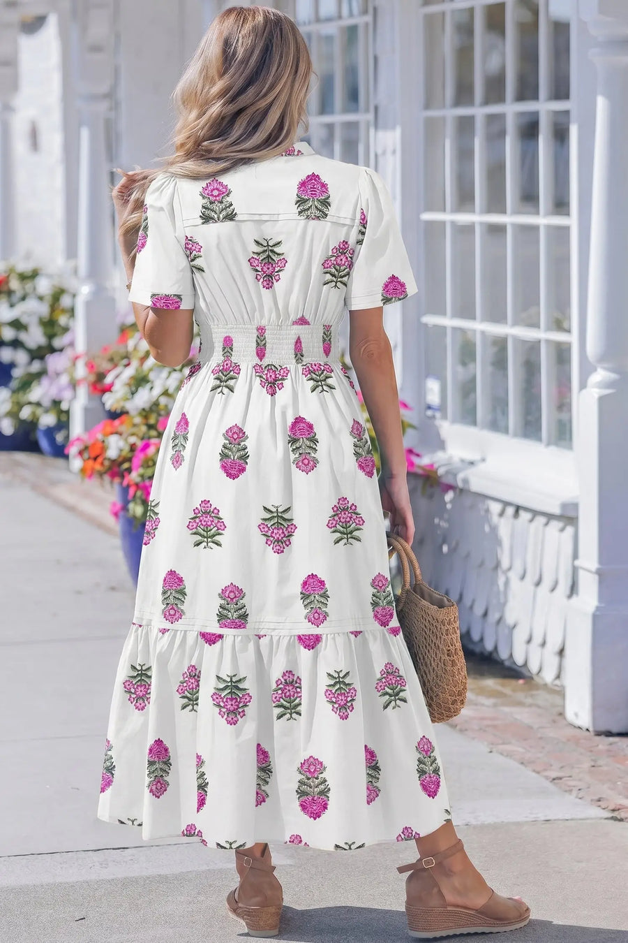 Green Floral Shirred Split Neck Ruffle Hem Maxi Dress Women UK — full length