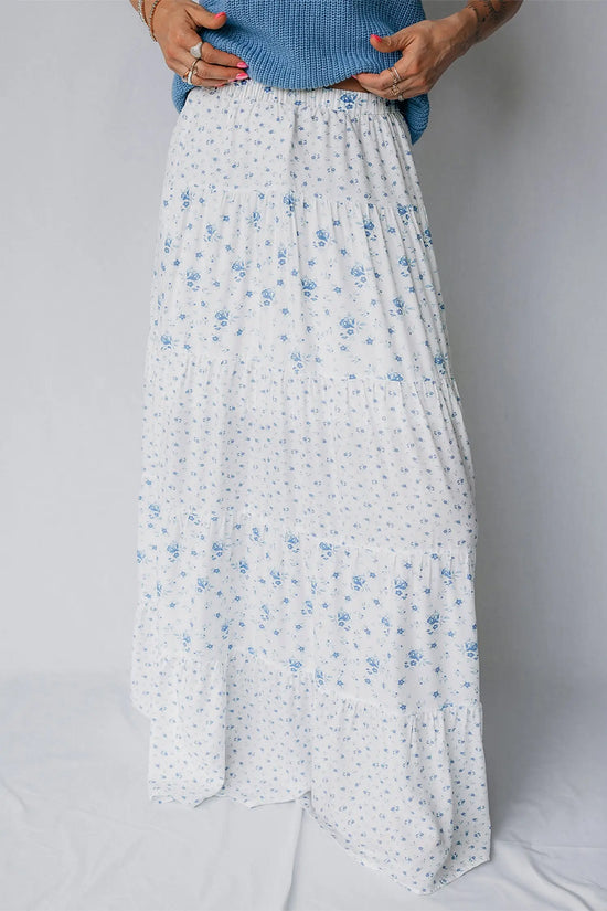 Sky blue tiered floral patchwork boho maxi skirt elastic waist ruffle hem skirts