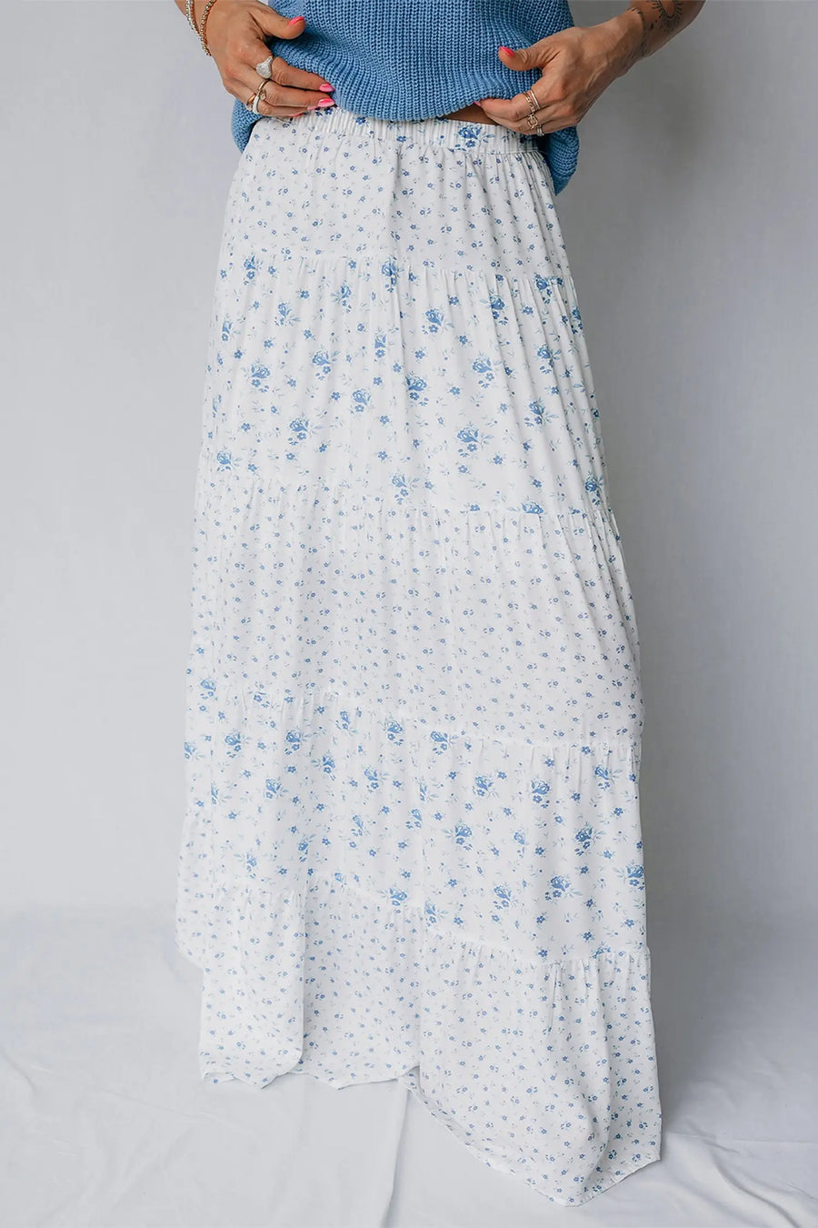 Sky blue tiered floral patchwork boho maxi skirt elastic waist ruffle hem skirts