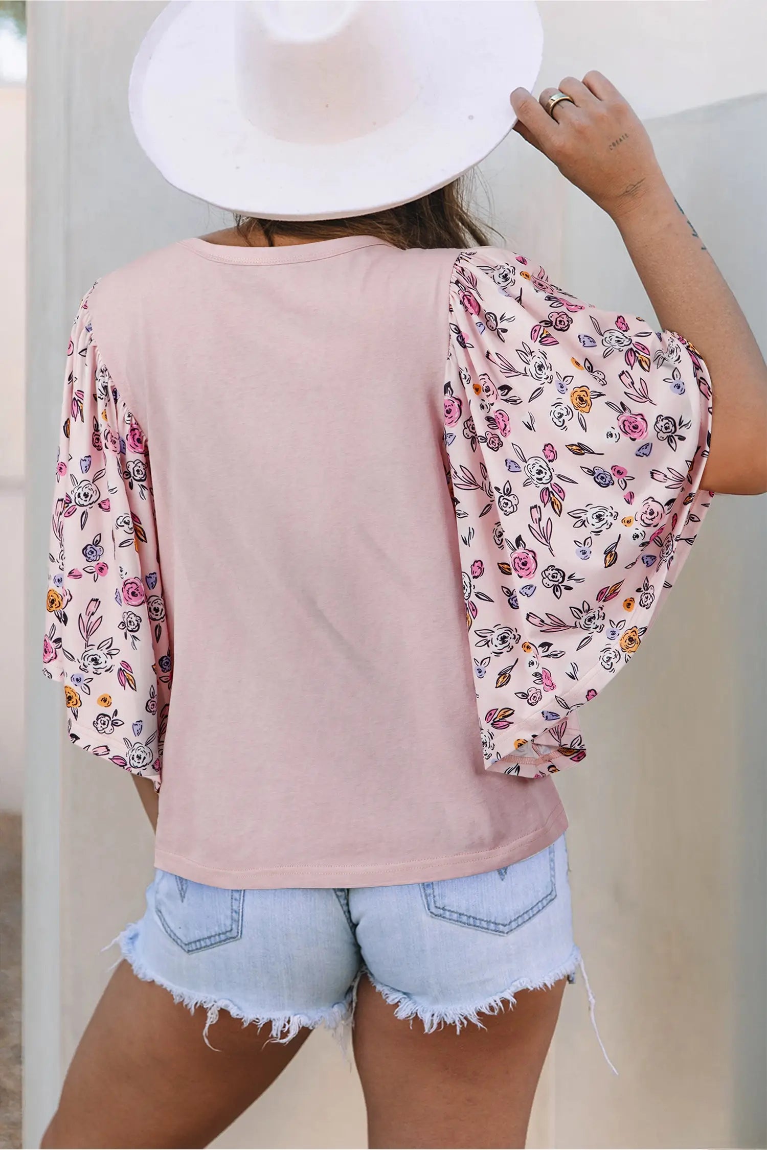 Pink contrast floral patched flowy half sleeve blouse