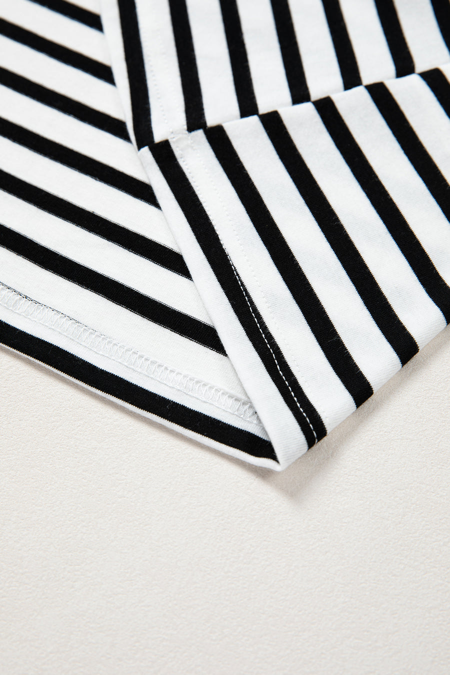 Scalloped Trim Stripe Cotton T-Shirt Round Neck Short Sleeve