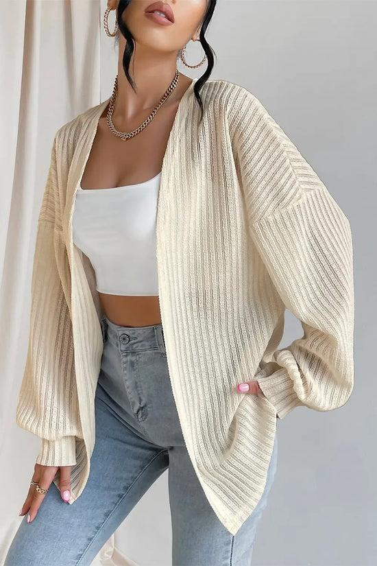 Beige textured lantern sleeve open kimono