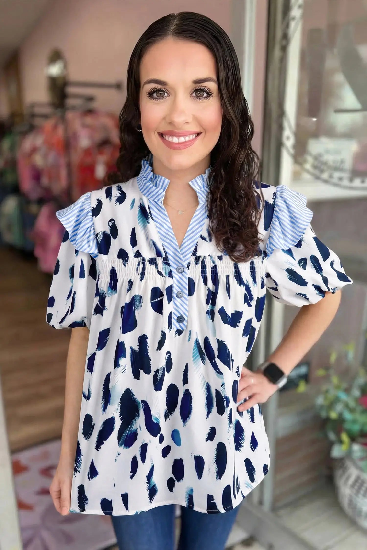 Beige abstract animal print striped ruffle trim v neck blouse