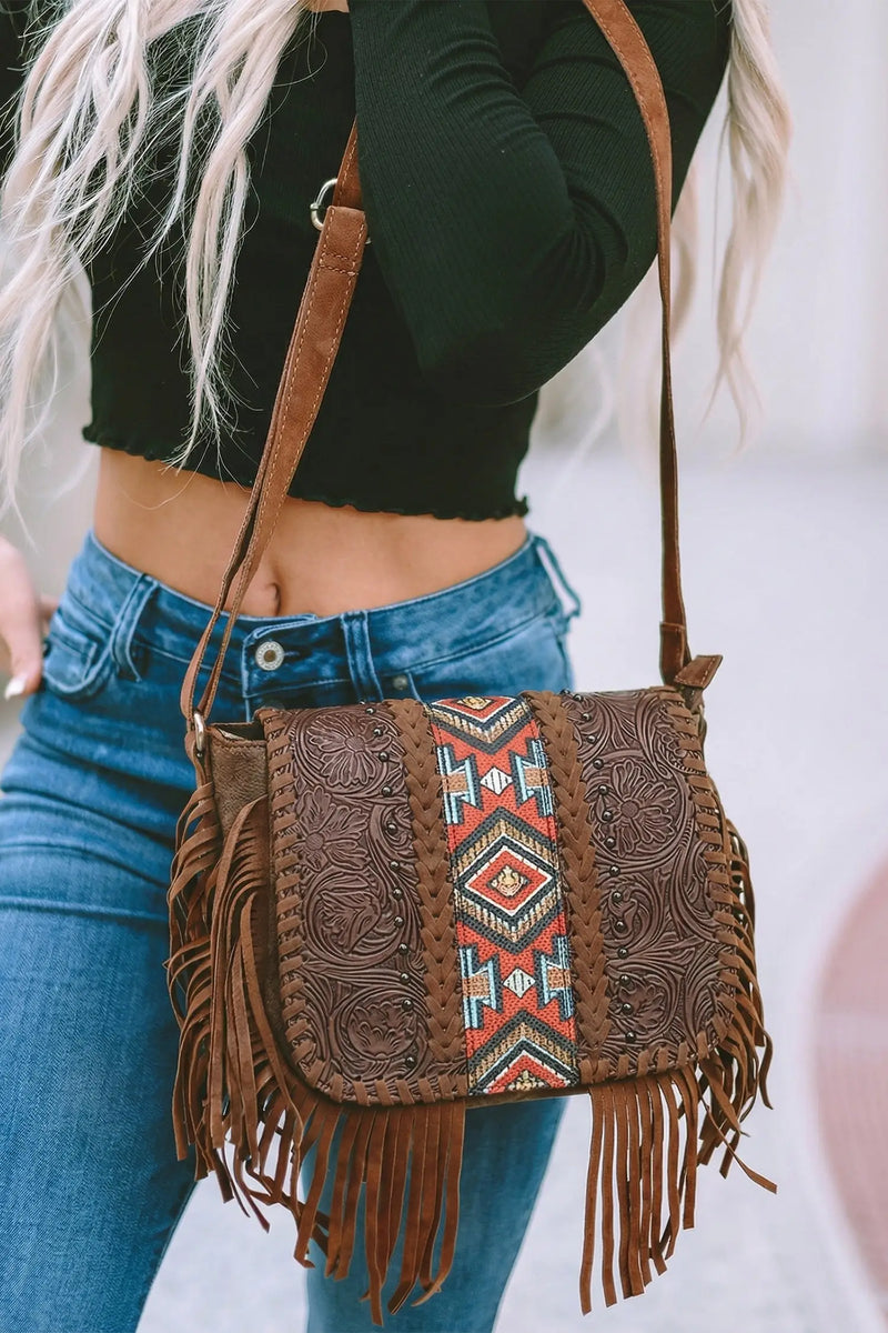 Women's western Aztec shoulder bag side view tassel casual