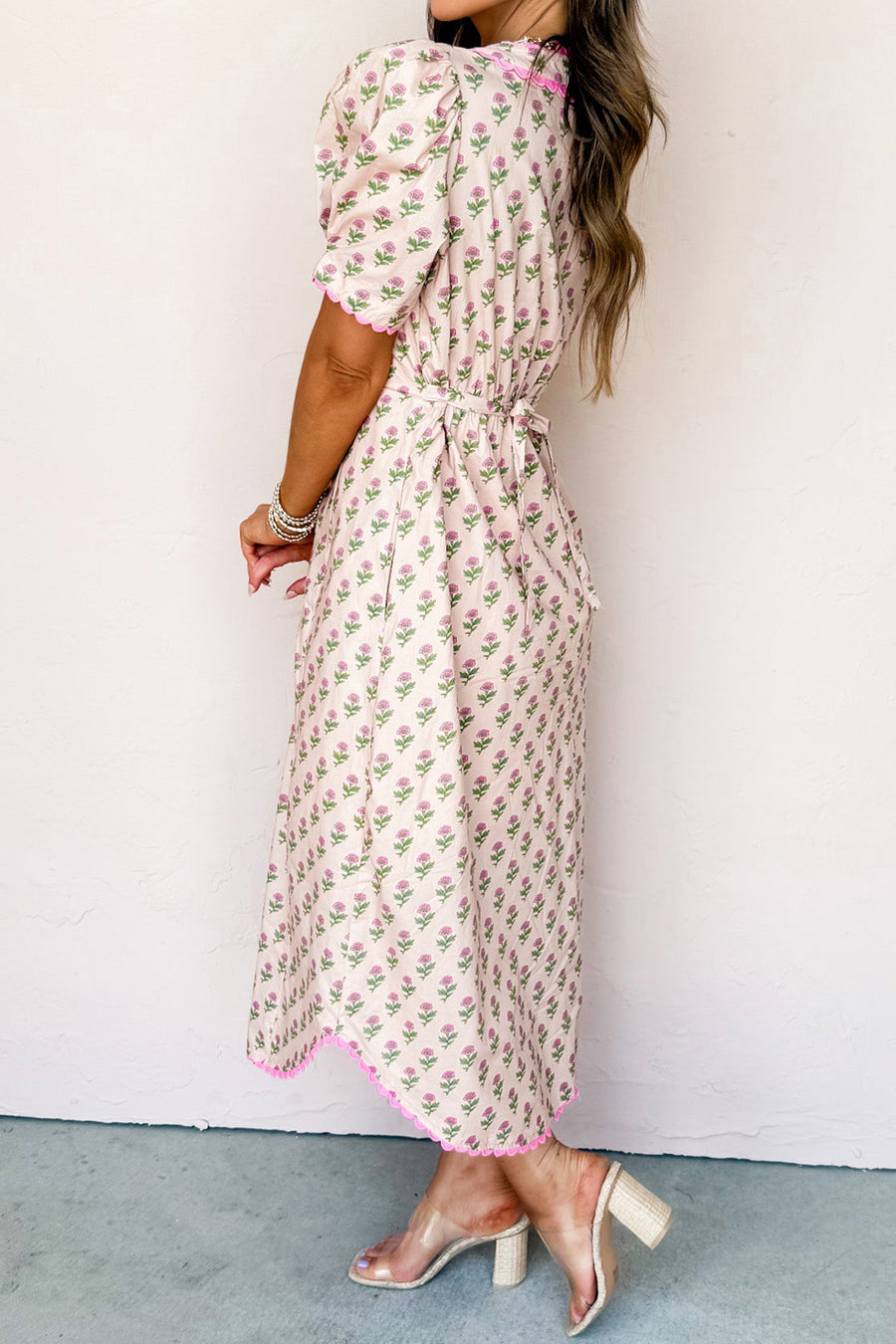 Pink Floral Scallop Trim V Neck Button Front Maxi Dress Women UK — side view