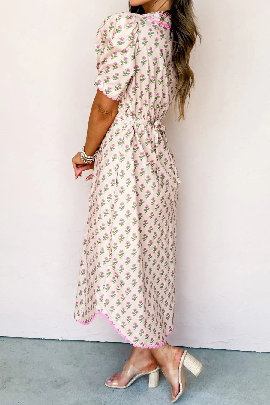 Pink Floral Scallop Trim V Neck Button Front Maxi Dress Women UK — side view