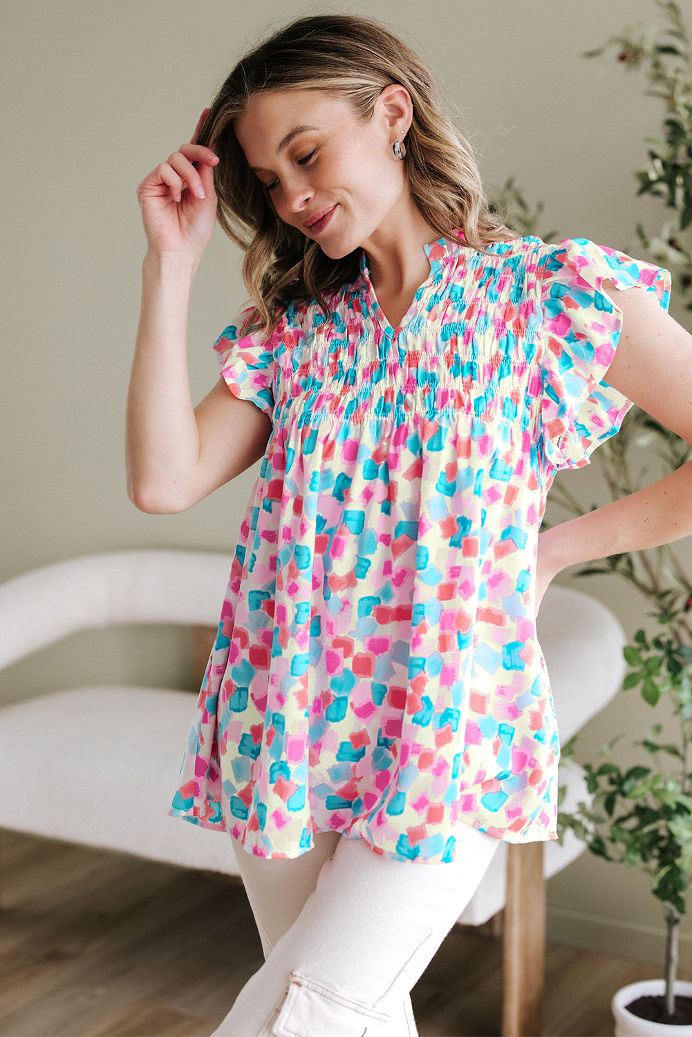 Shirred  Blouse - Ruffled Abstract Print