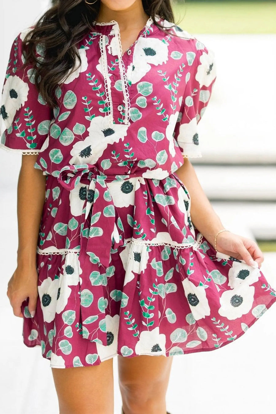 Red Floral Trimmed Puff Sleeve Belted Mini Dress Women UK — full length
