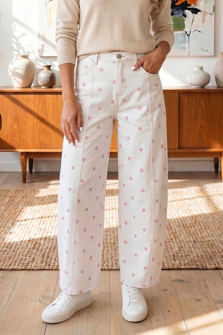 Polka Dot Seam Detail Barrel Jeans UK — back view showing polka dot print and barrel leg construction — Fashionfitz
