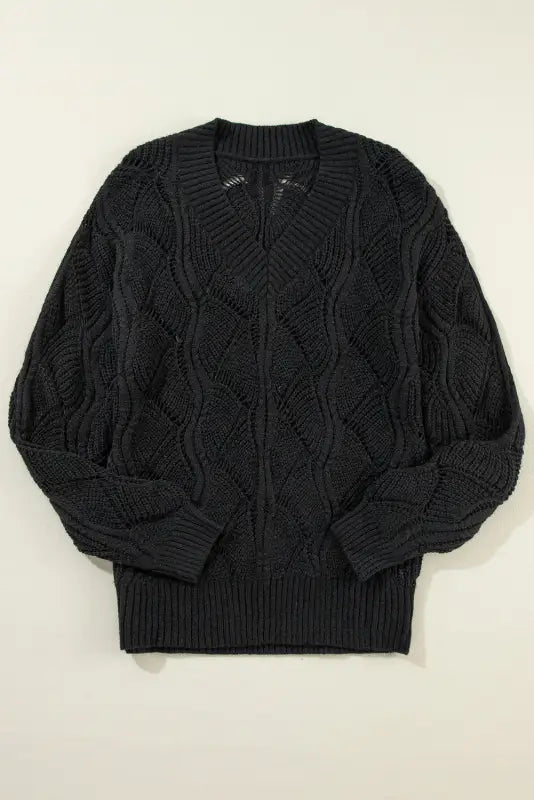 Airy charm drop sweater: black knit with textured cables and v-neck, relax relax style