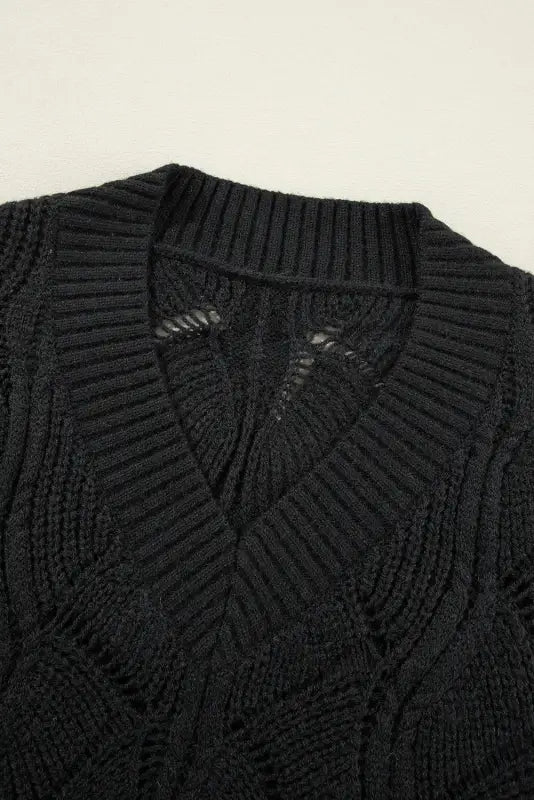 Black knitted v-neck sweater with textured pattern - airy charm drop sweater