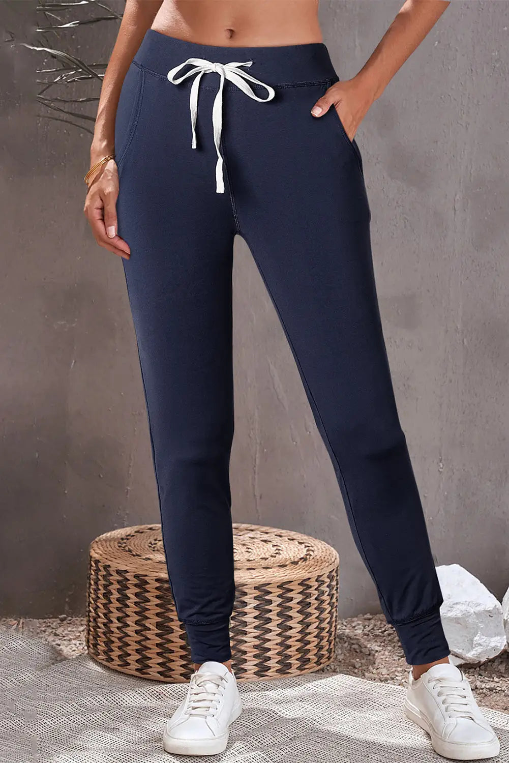 Aisha drawstring waist joggers - navy blue / s / 90% polyester + 10% elastane - bottoms/pants & culotte