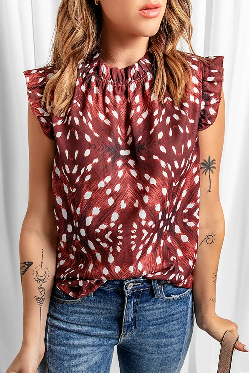 All over print flutter tank top - brown / s / 100%polyester