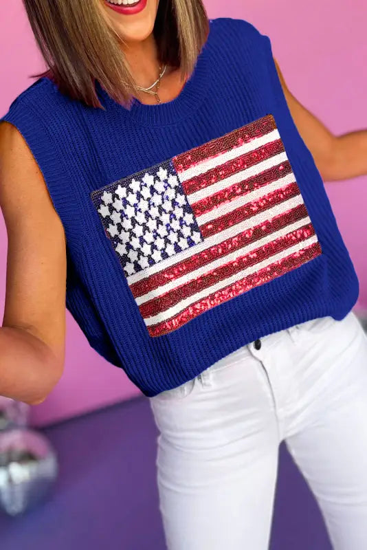 American flag knitted vest - bonbon sparkling - bluing / s / 50% viscose + 28% polyester + 22% polyamide - tops/sweater