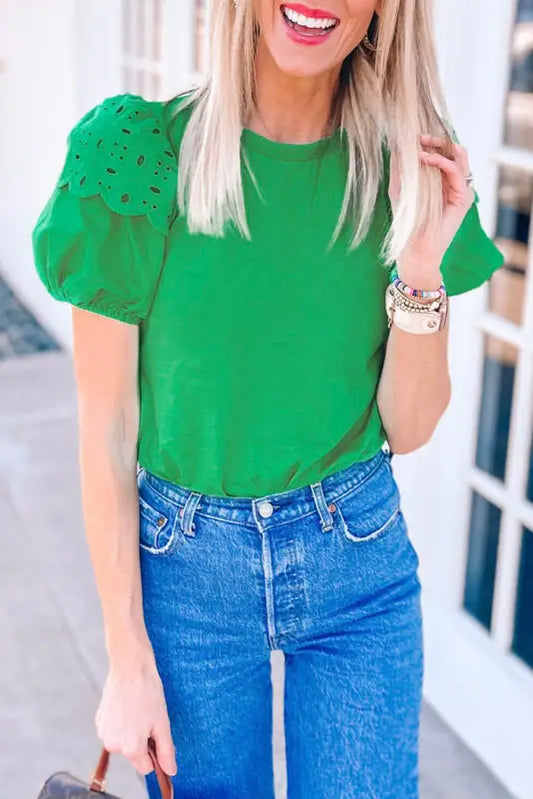 Anglaise embroidered puff short sleeve top - bright green / s / 95% cotton + 5% elastane - blouses