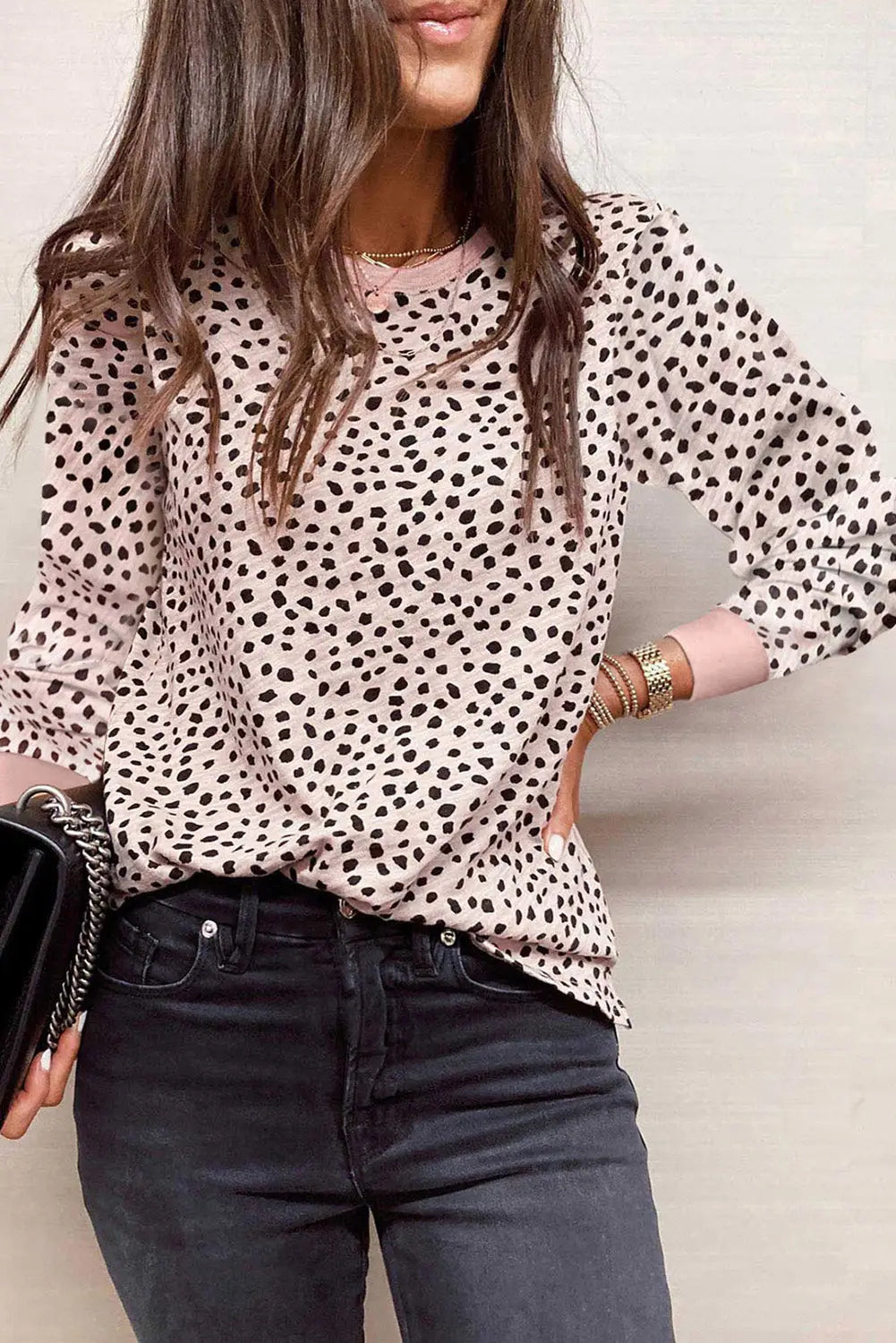 Animal spotted print round neck long sleeve top - apricot /