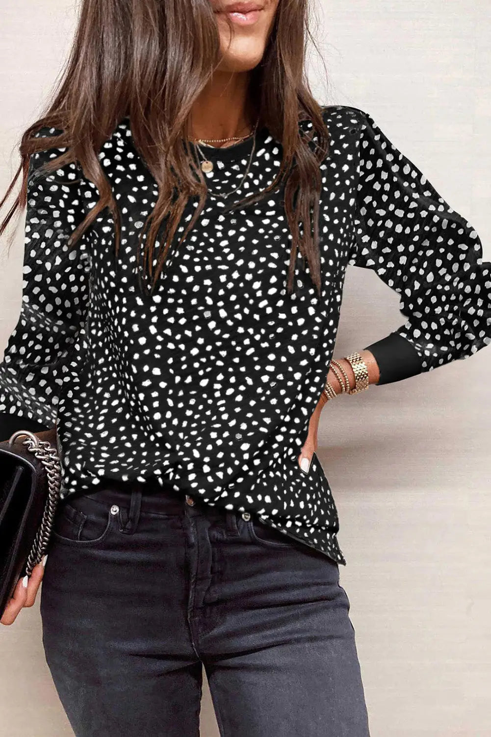 Animal spotted print round neck long sleeve top - black / s