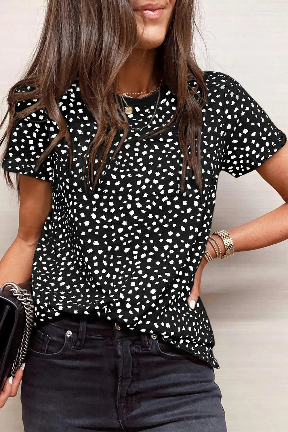 Animal spotted print round neck long sleeve top - black1