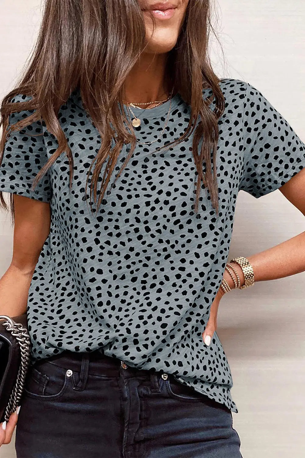 Animal spotted print round neck long sleeve top - gray / s /
