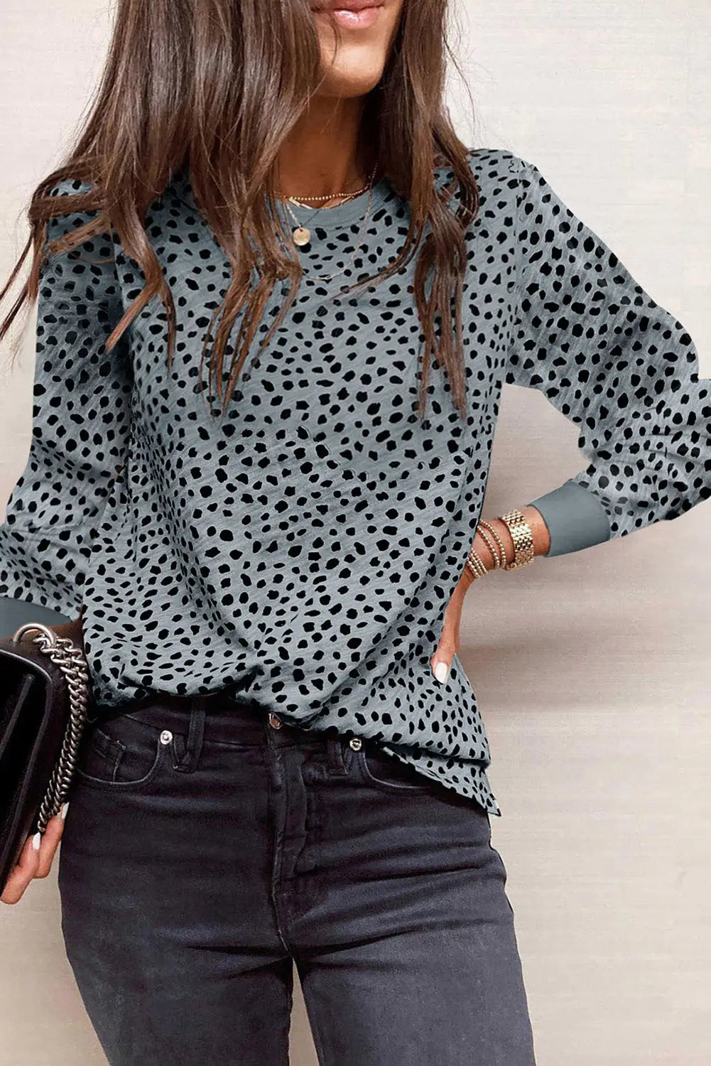 Animal spotted print round neck long sleeve top - gray1 / s