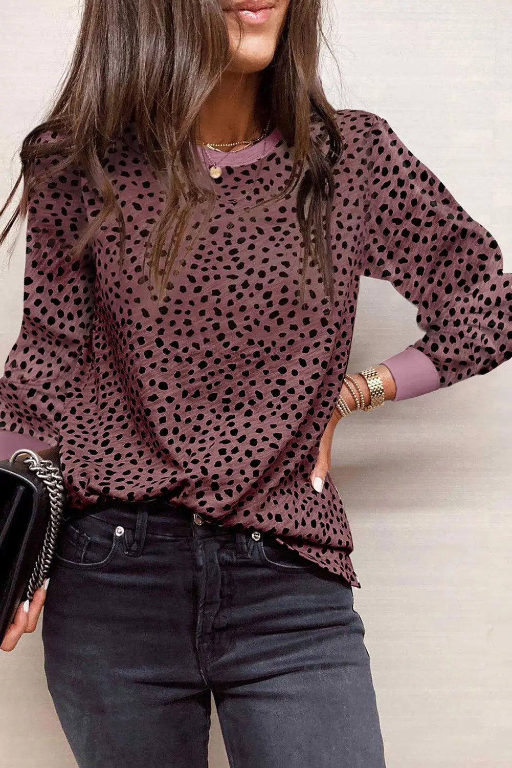 Animal spotted print round neck long sleeve top - red / s /