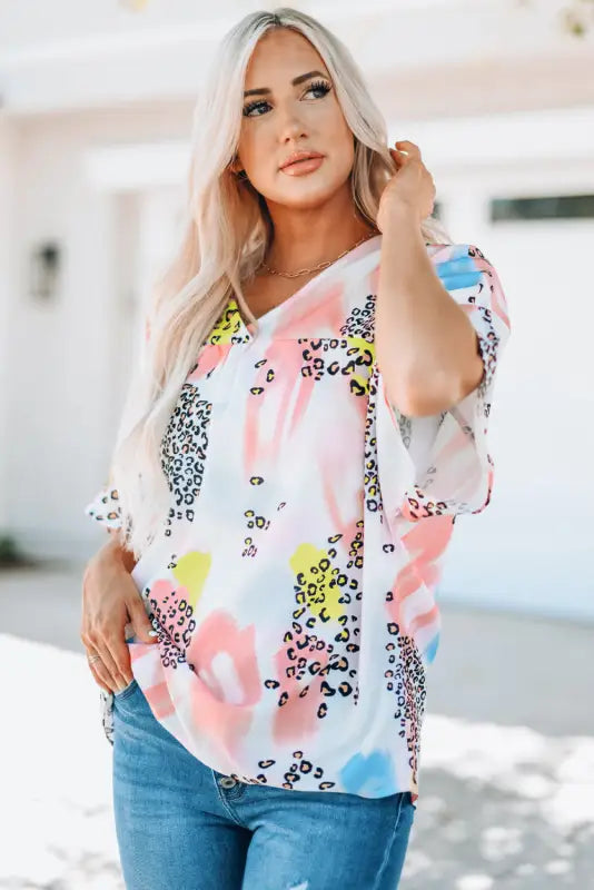 Animal watercolor mixed print loose top - tops