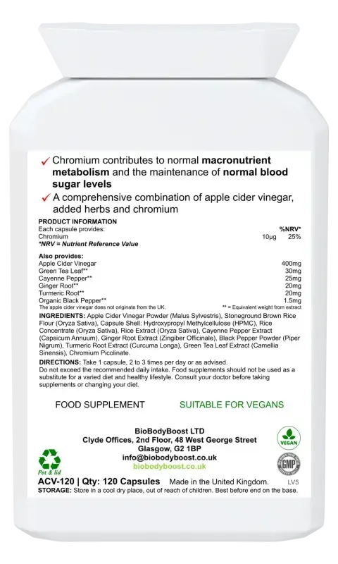 Back label of Apple Cider Vinegar Capsules showing ACV, ginger and green tea extract with dosage and vegan certification
