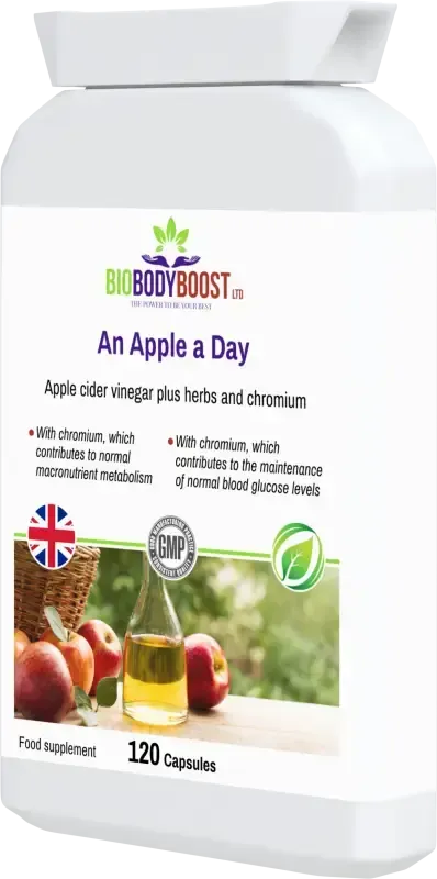 Apple Cider Vinegar Capsules angled view — digestive health and weight management supplement, BioBodyBoost UK
