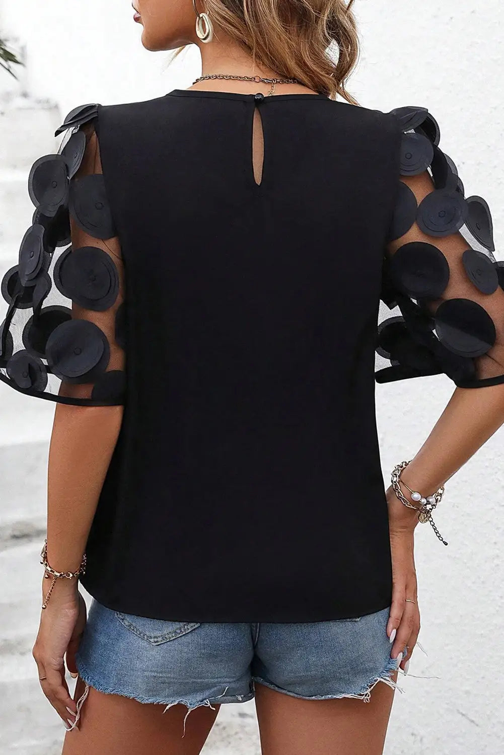 Applique mesh half sleeve blouse - tops/blouses & shirts