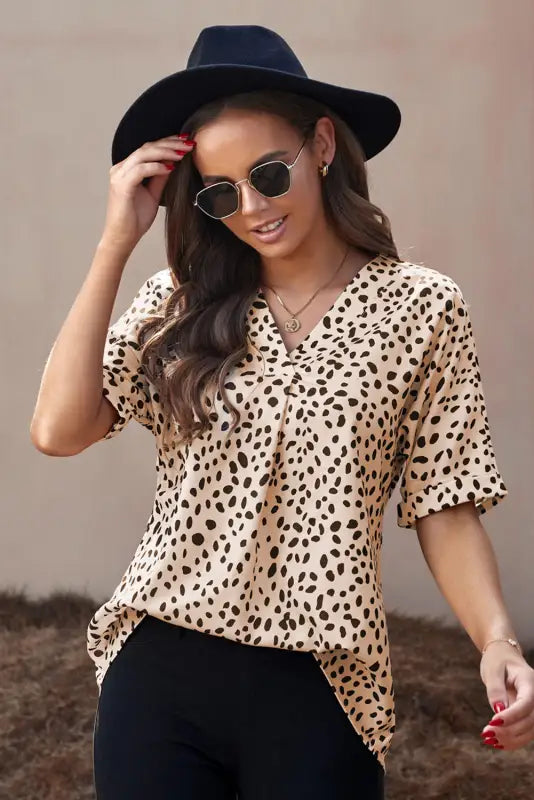 Apricot animal print v-neck rolled sleeve tunic top - tops