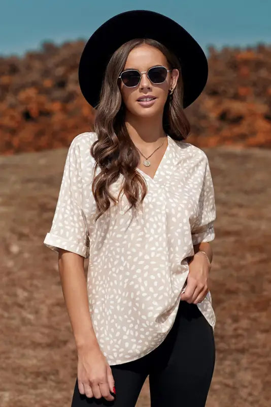 Apricot animal print v-neck rolled sleeve tunic top - tops