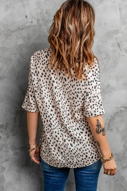 Apricot animal print v-neck rolled sleeve tunic top - tops