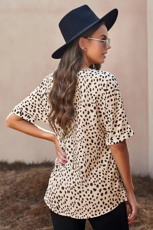 Apricot animal print v-neck rolled sleeve tunic top - tops