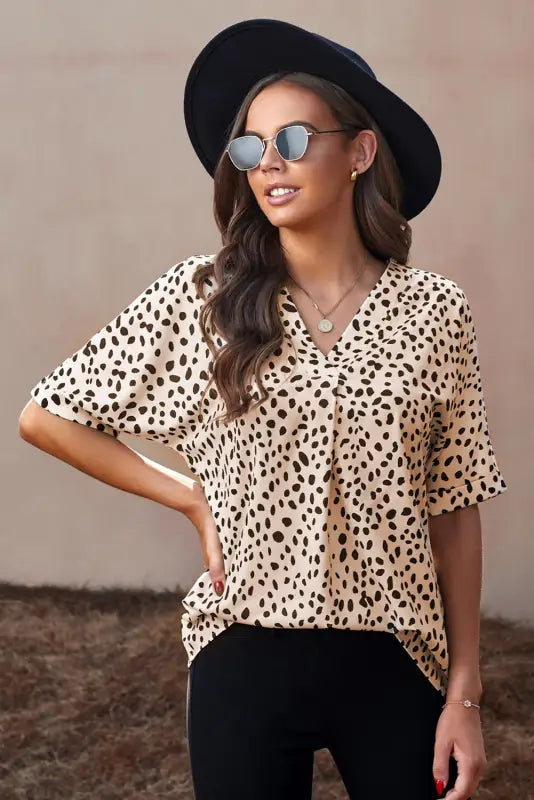 Apricot animal print v-neck rolled sleeve tunic top - tops