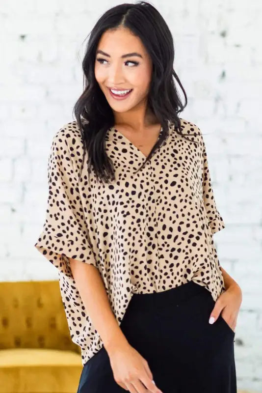 Apricot animal print v-neck rolled sleeve tunic top - tops