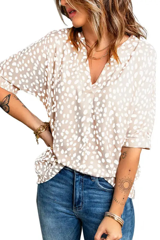 Apricot animal print v-neck rolled sleeve tunic top - tops