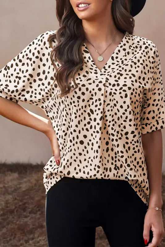 Apricot animal print v-neck rolled sleeve tunic top - tops