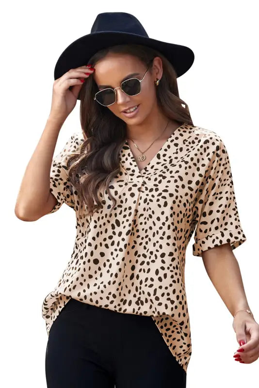 Apricot animal print v-neck rolled sleeve tunic top - tops