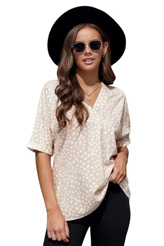 Apricot animal print v-neck rolled sleeve tunic top - tops