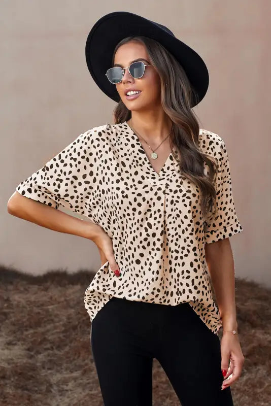 Apricot animal print v-neck rolled sleeve tunic top - tops