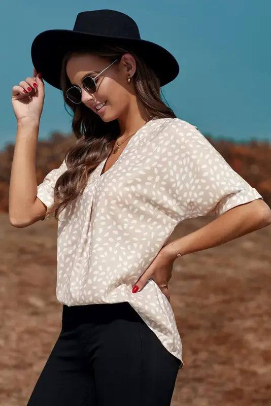 Apricot animal print v-neck rolled sleeve tunic top - tops