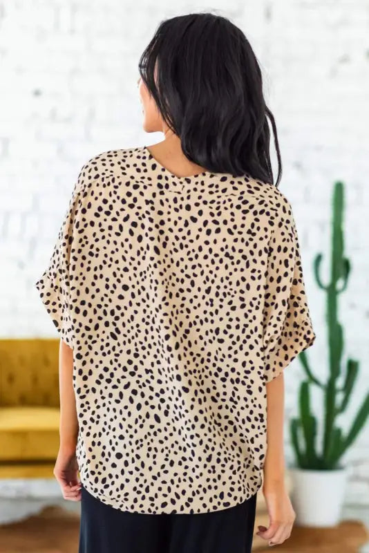 Apricot animal print v-neck rolled sleeve tunic top - tops