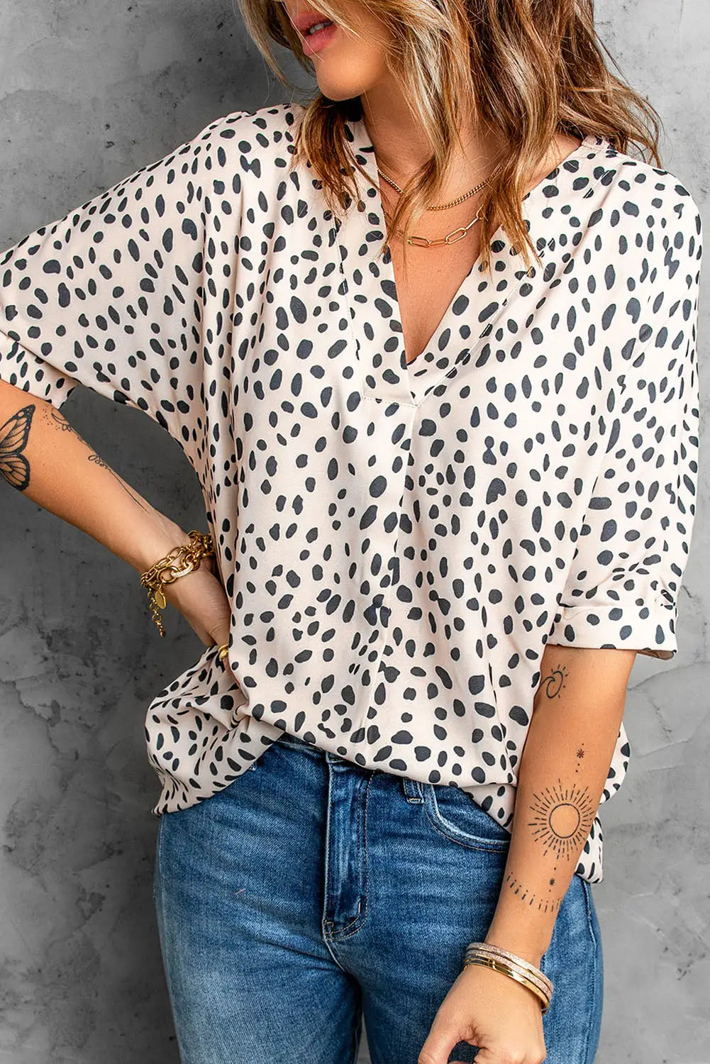 Apricot animal print v-neck rolled sleeve tunic top - brown