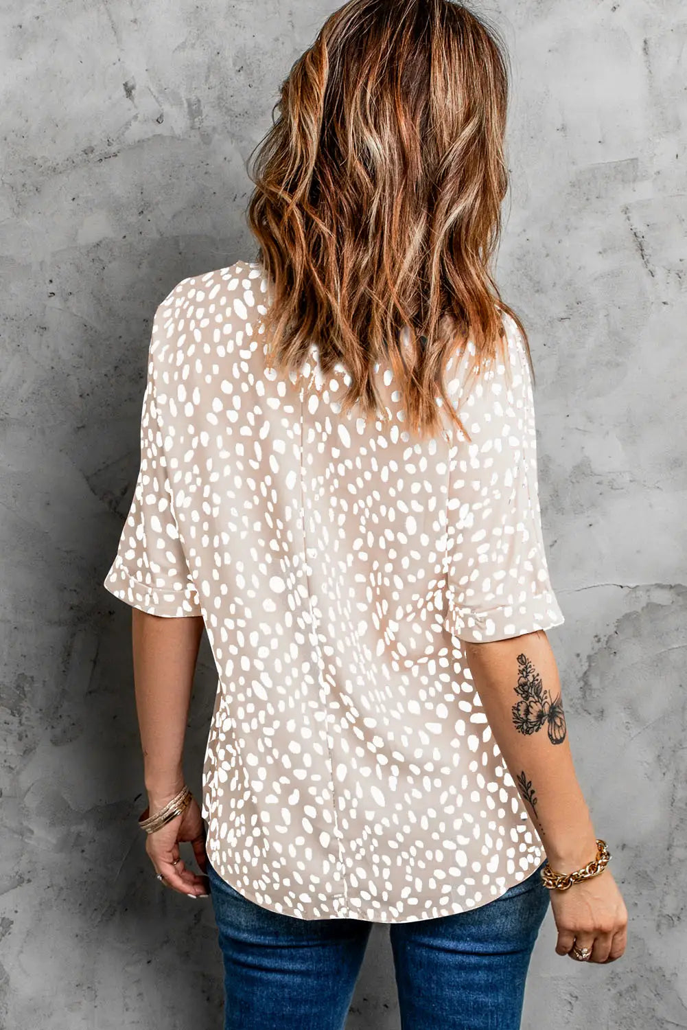 Apricot animal print v-neck rolled sleeve tunic top - tops